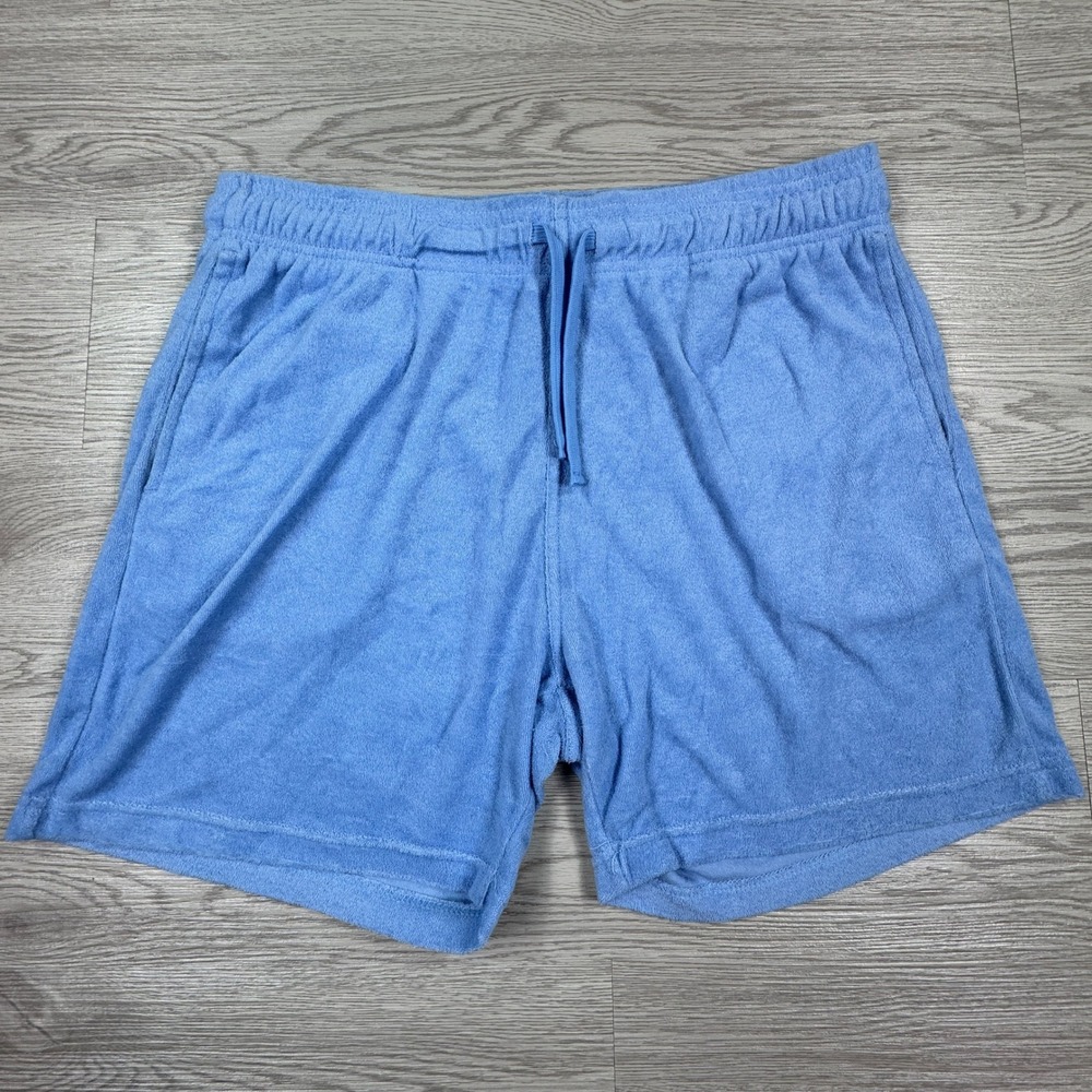 Free Planet Men's Shorts Terry Cloth Blue Large Drawstring Elastic Waist